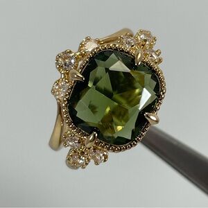 Ring 2 Band Set Art Deco Olive Green Diamond CZ Radiant Cut Gold Tone Plated